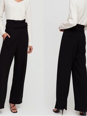 Babaton Black Paperbag-Waist Wide-Leg Trousers